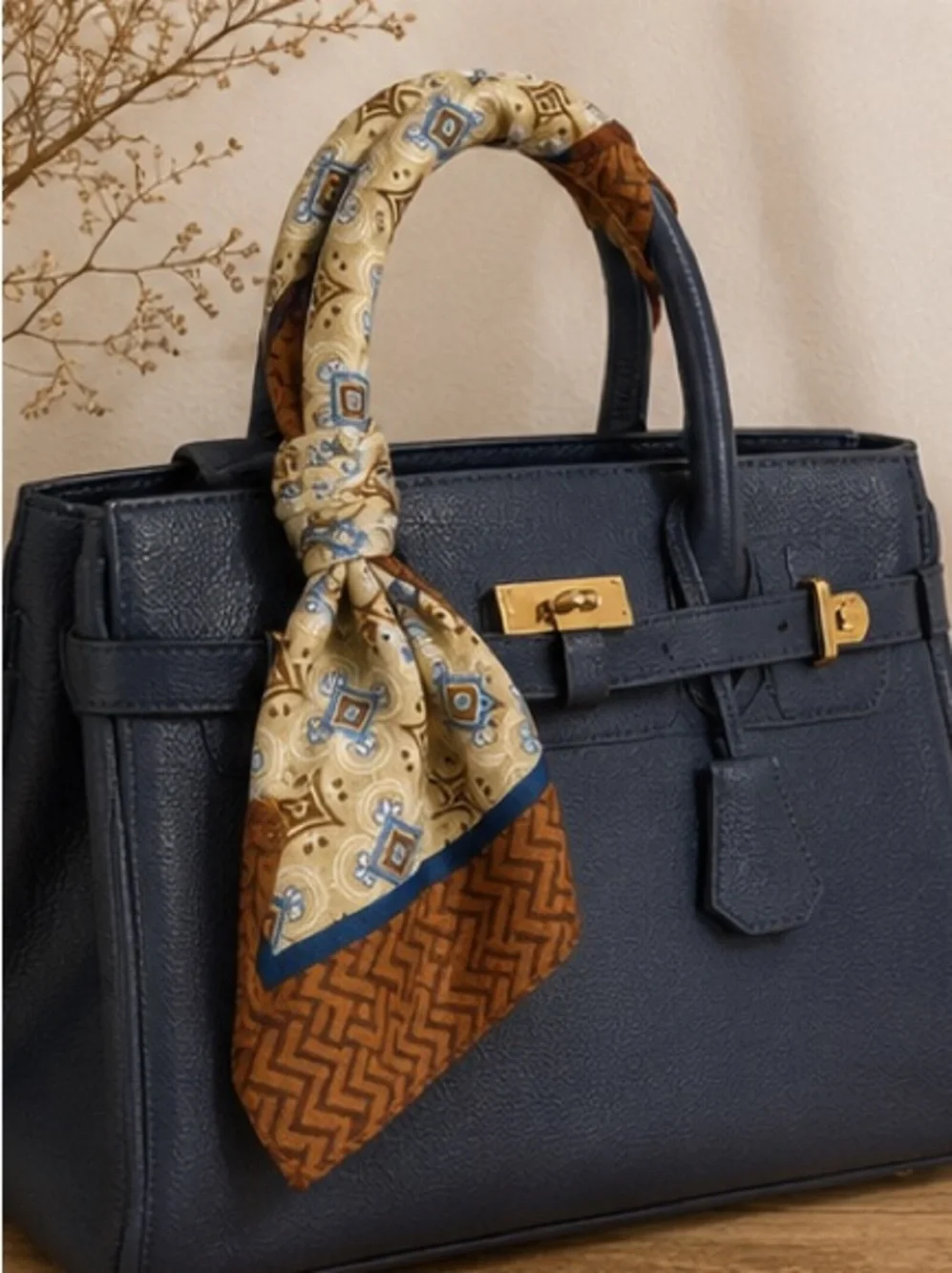 Designer Inspired Vintage Geometric Scarf | Tan Blue Brown